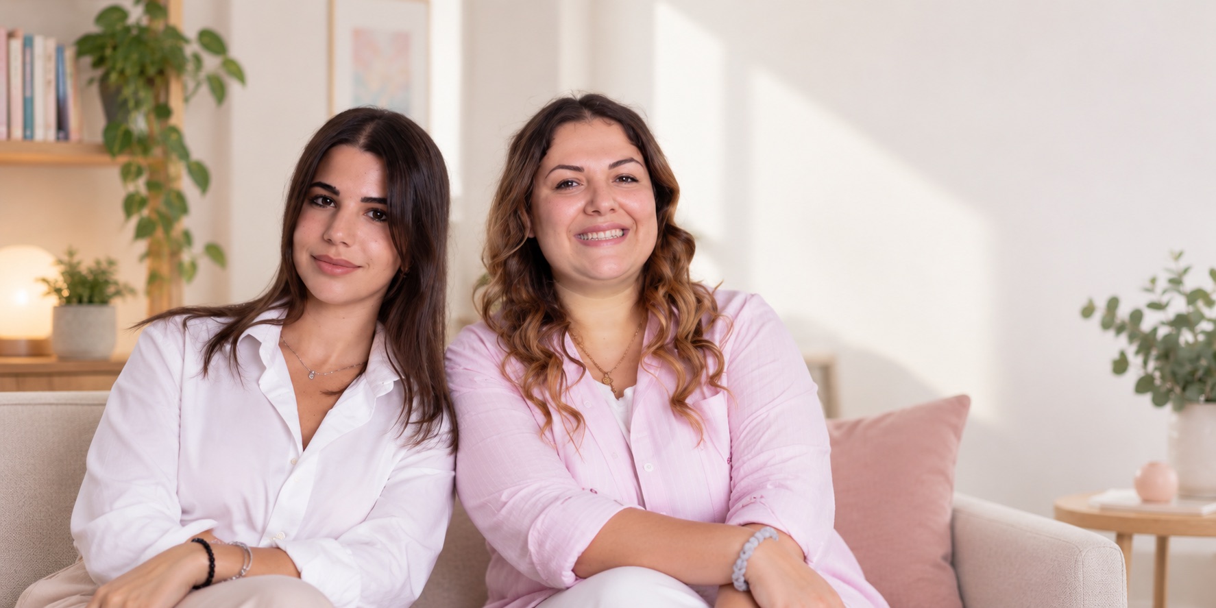 La Dott.ssa Federica Grasso e la logopedista dello studio sedute sul divano del salotto di SpazioEmozioni